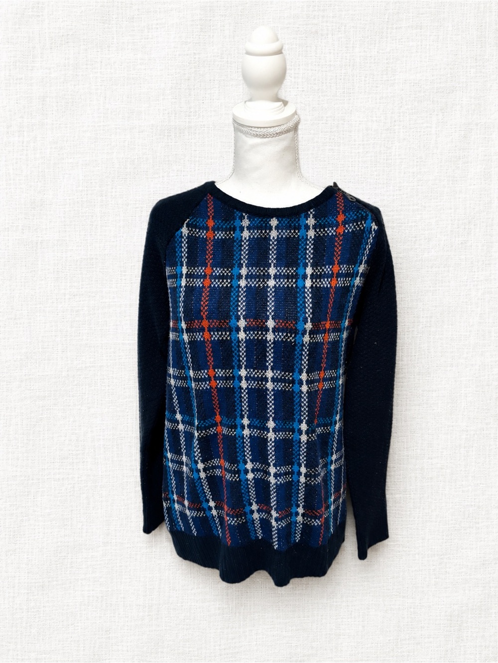 North of Navy Plaid Knit Sweater in Navy, Cream & Orange